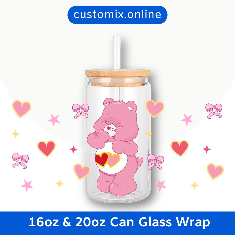 Care Bears Love-a-Lot Bear 16oz & 20oz Glass Can Wrap | Digital PNG 300 DPI & SVG