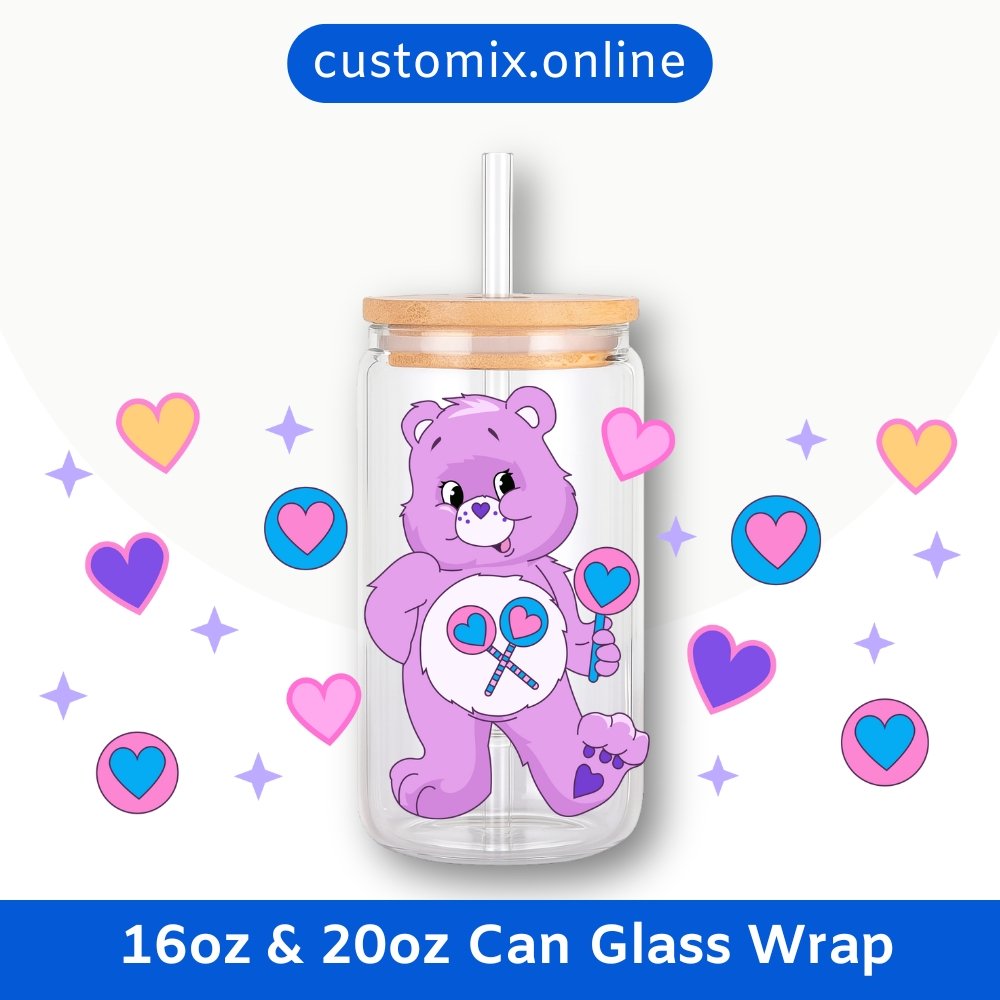 Care Bears Share Bear 16oz & 20oz Glass Can Wrap | Digital PNG 300 DPI & SVG