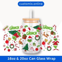 Grinch Christmas 16oz & 20oz Glass Can Wrap | Digital PNG 300 DPI & SVG - Design 2
