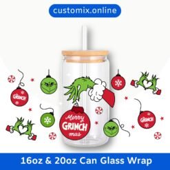 Grinch Christmas 16oz & 20oz Glass Can Wrap | Digital PNG 300 DPI - Design 4