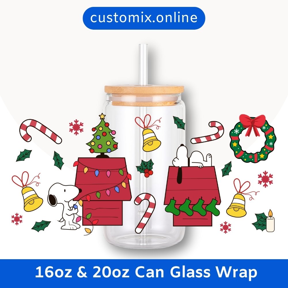Snoopy Christmas 16oz & 20oz Glass Can Wrap | Digital PNG 300 DPI & SVG