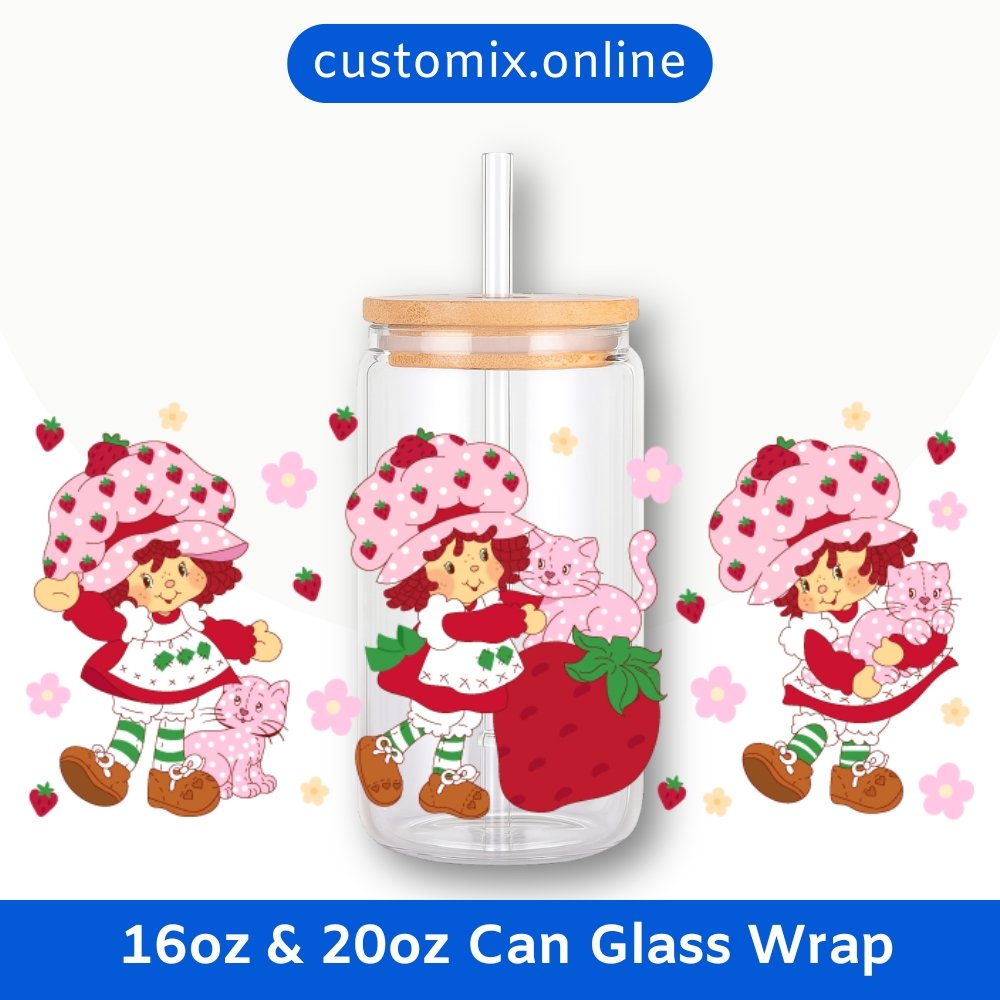 Strawberry Shortcake 16oz & 20oz Glass Can Wrap | Digital PNG 300 DPI